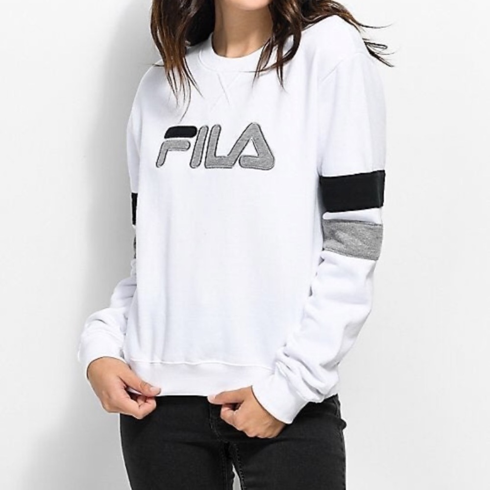 white FILA crew neck sweater